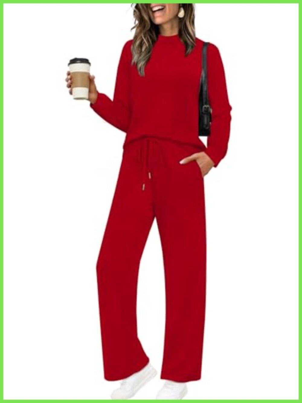 Mock Neck Long Sleeve Wide Leg Pant Set Drawstring Pockets Loungewear